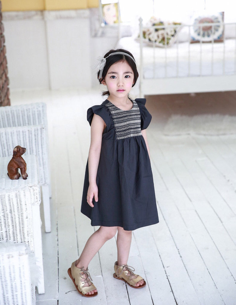 Embroidered Trapeze Dress Charcoal