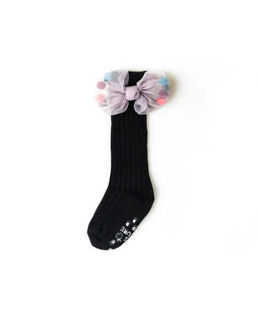 Mesh Pom Pom Bow Knee Socks Black