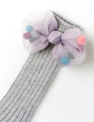 Mesh Pom Pom Bow Knee Socks Grey