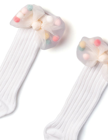 Mesh Pom Pom Bow Knee Socks White