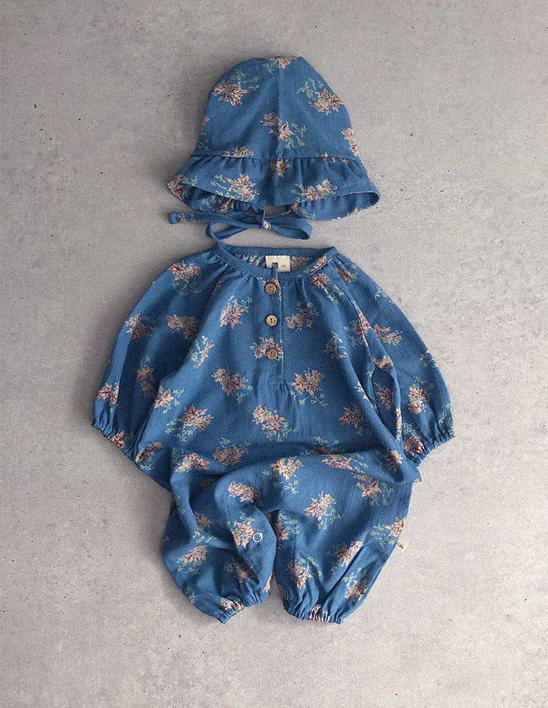 Pin Suit Romper and Bonnet Set Blue