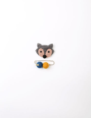 Racoon Brooch and Pin Grey