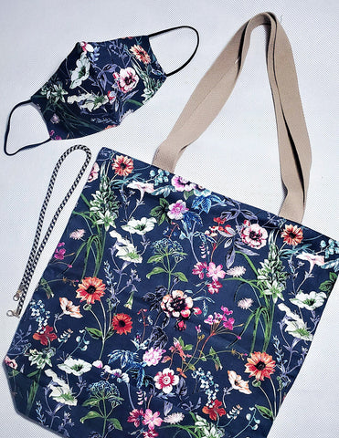 Floral Cotton Face Mask And Shoulder Bag Set Blue